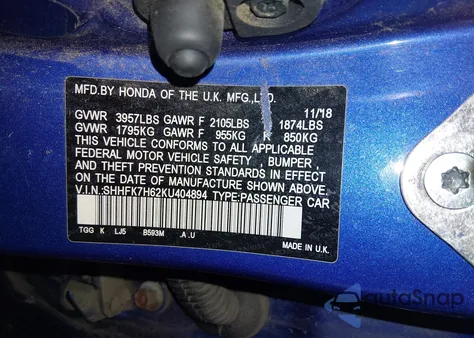 2019 Honda Civic Ex from USA, damaged, VIN SHHFK7H62KU404894